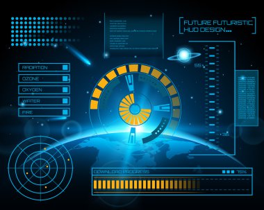Soyut gelecek, konsept vektör fütüristik mavi sanal grafik dokunmatik arayüzü HUD. Web, site, mobil uygulamalar için siyah arkaplan, tekno, çevrimiçi tasarım, iş, gui, ui.