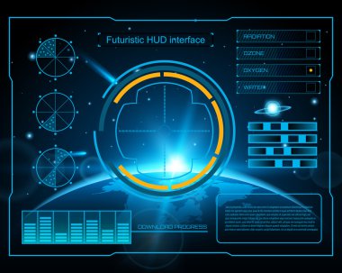 Soyut gelecek, konsept vektör fütüristik mavi sanal grafik dokunmatik arayüzü HUD. Web, site, mobil uygulamalar için siyah arkaplan, tekno, çevrimiçi tasarım, iş, gui, ui.
