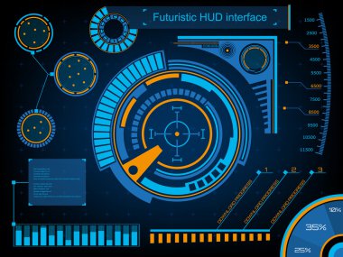 Soyut gelecek, konsept vektör fütüristik mavi sanal grafik dokunmatik arayüzü HUD. Web, site, mobil uygulamalar için siyah arkaplan, tekno, çevrimiçi tasarım, iş, gui, ui.