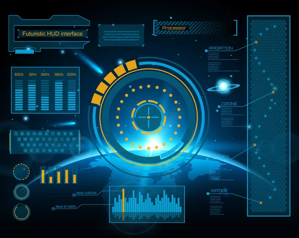 Futuro abstracto, concepto vector futurista azul interfaz gráfica virtual táctil HUD. Para web, sitio, aplicaciones móviles aisladas sobre fondo negro, techno, diseño en línea, negocio, gui, ui. — Vector de stock