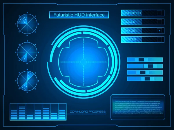 Futuro abstracto, concepto vector futurista azul interfaz gráfica virtual táctil HUD. Para web, sitio, aplicaciones móviles aisladas sobre fondo negro, techno, diseño en línea, negocio, gui, ui. — Vector de stock