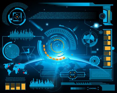Soyut gelecek, konsept vektör fütüristik mavi sanal grafik dokunmatik arayüzü HUD. Web, site, mobil uygulamalar için siyah arkaplan, tekno, çevrimiçi tasarım, iş, gui, ui.