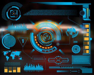 Soyut gelecek, konsept vektör fütüristik mavi sanal grafik dokunmatik arayüzü HUD. Web, site, mobil uygulamalar için siyah arkaplan, tekno, çevrimiçi tasarım, iş, gui, ui.