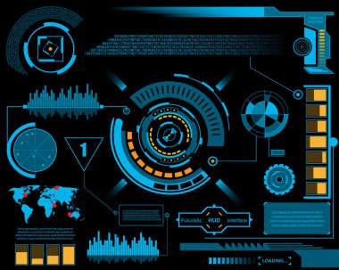 Soyut gelecek, konsept vektör fütüristik mavi sanal grafik dokunmatik arayüzü HUD. Web, site, mobil uygulamalar için siyah arkaplan, tekno, çevrimiçi tasarım, iş, gui, ui.