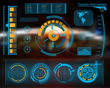 Soyut gelecek, konsept vektör fütüristik mavi sanal grafik dokunmatik arayüzü HUD. Web, site, mobil uygulamalar için siyah arkaplan, tekno, çevrimiçi tasarım, iş, gui, ui.