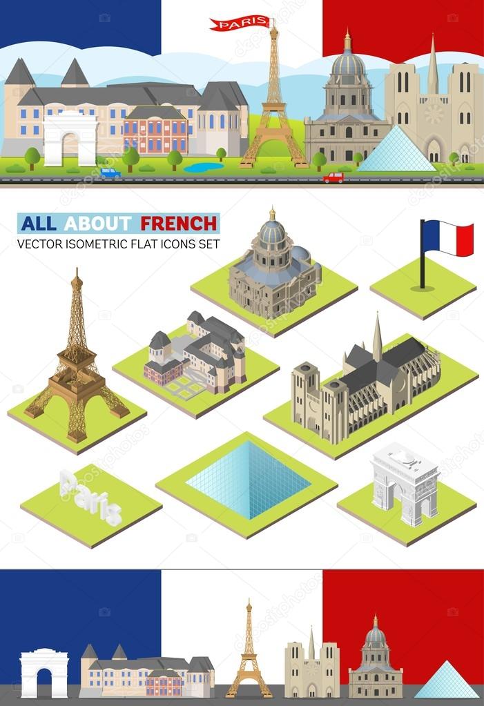 Vector France travel famous landmarks. Paris skyline set for web and mobile app. Flat, isometric building template design of Louvre palace, Eiffel Tower, Pyramid, Notre Dame de Paris, Arc de Triomphe.