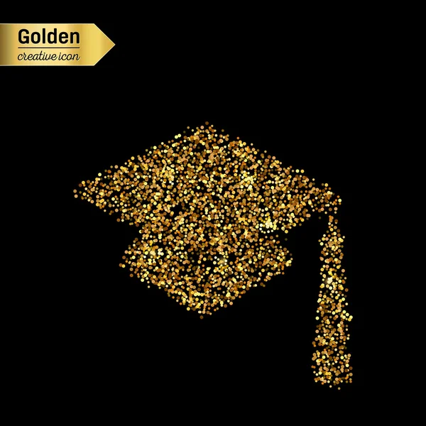 Gold glitter vector icon of square academic cap isolated on background. Art creative concept illustration for web, glow light confetti, bright sequins, sparkle tinsel, abstract bling, shimmer dust. — Stock Vector