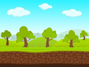 Abstract Creative concept vector summer seamless landscape. Art cartoon unending background with grass, trees, forest, blue sky layers, grounds, cloud, mountains for your game, animated film scene.