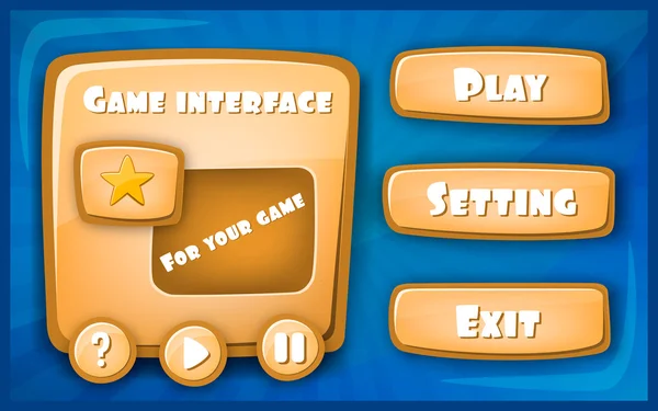 Abstract Creative concept vector Interface game design, resource bar and resource icons for games. Funny cartoon design ui game control panel including text and buttons such as exit, play, settings. — Stok Vektör