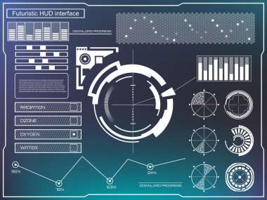 Soyut gelecek, konsept vektör fütüristik mavi sanal grafik dokunmatik arayüzü HUD. Web, site, mobil uygulamalar için siyah arkaplan, tekno, çevrimiçi tasarım, iş, gui, ui.