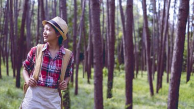 Pine Ormanı 'ndaki genç kız Phu Pha Man Khonkaen Tayland' da şapka ve kırmızı gömlek giyiyor..