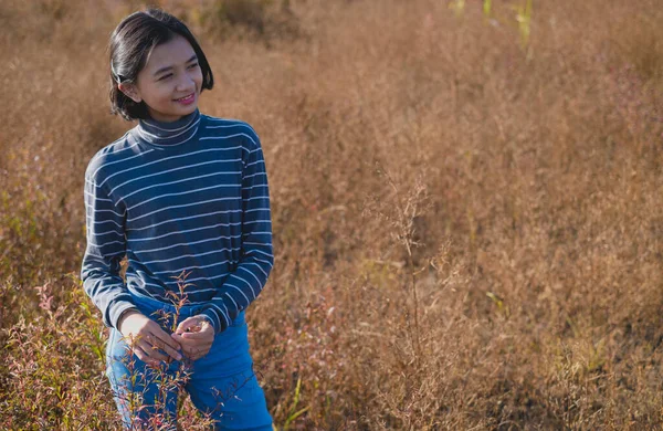 Happy Young Girl Wear Jean Sweater Brown Field Grass — Stock Photo, Image