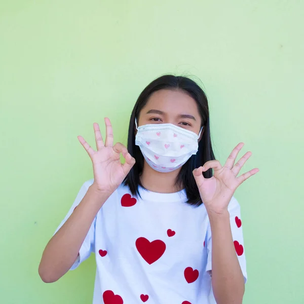 Happy Young Girl Wear Mask Heart Shirt Heart Background — Stock Photo, Image