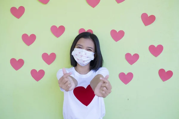 Happy Young Girl Wear Mask Heart Shirt Heart Background — Stock Photo, Image