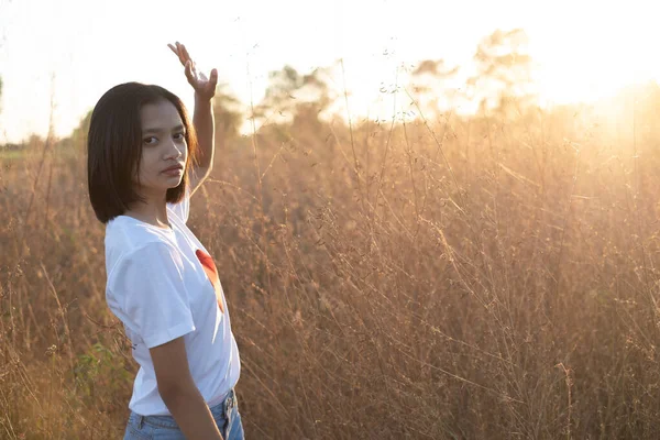 Portrait Young Griel Wear White Shirt Red Heart Meadow Rim — Stock Photo, Image