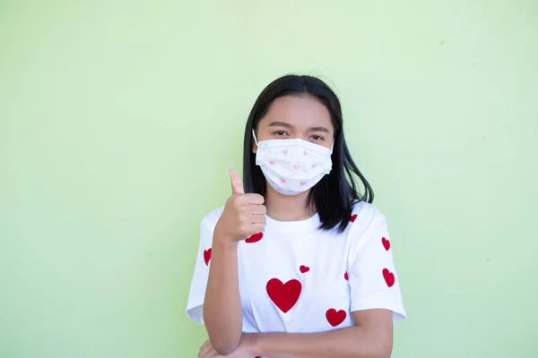 Happy Young Girl Wear Mask Wear White Shirt Red Heart — Stock Photo, Image