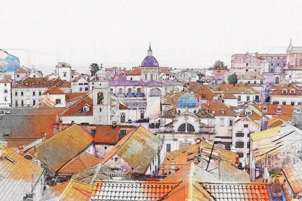 Колірний Ескіз Старовинного Міста Дубровник Місці Знаменитої Пам Ятки Хорватії — стокове фото