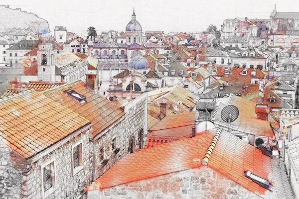 Bosquejo Color Del Casco Antiguo Dubrovnik Sitio Arenque Wolrd Famoso — Foto de Stock