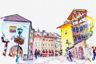 Ortisei 'nin suluboya resmi ünlü küçük kasaba Urtijei Güney Tyrol İtalya.