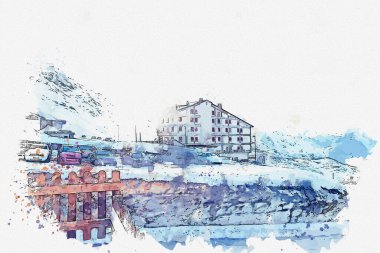 Passo stelvio italy 'de kar ile suluboya resim çizimi.