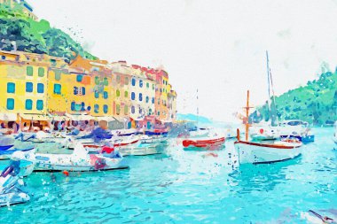 Portofino sahilinin suluboya resmi İtalya 'nın güzel kasabası.