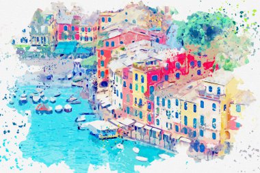 Portofino sahilinin suluboya resmi İtalya 'nın güzel kasabası.