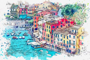 Portofino sahilinin suluboya resmi İtalya 'nın güzel kasabası.