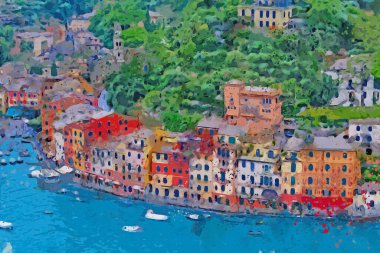 Portofino sahilinin suluboya resmi İtalya 'nın güzel kasabası.
