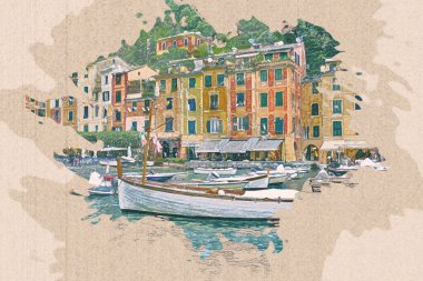 Portofino sahili manzarasının renkli çizimi İtalya 'nın ünlü simgesi, eski kahverengi kağıt üzerinde. .