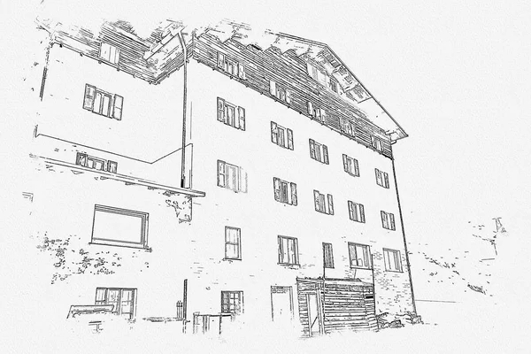Skecth Imagem Casa Com Neve Passo Stelvio Itália — Fotografia de Stock