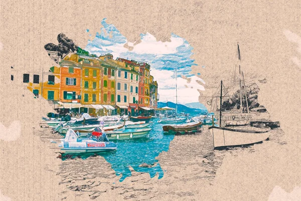 Kleurpotlood Tekening Landschap Uitzicht Van Portofino Kust Beroemde Oriëntatiepunt Italië — Stockfoto