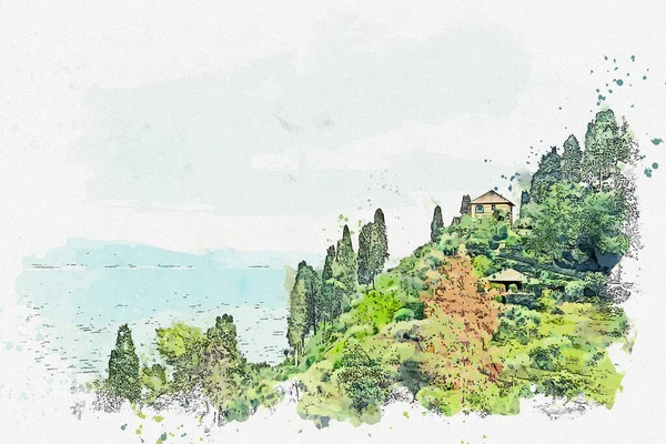 Υδατογραφία Σχέδιο Εικόνα Της Ακτής Portofino Όμορφη Πόλη Στην Ιταλία — Φωτογραφία Αρχείου