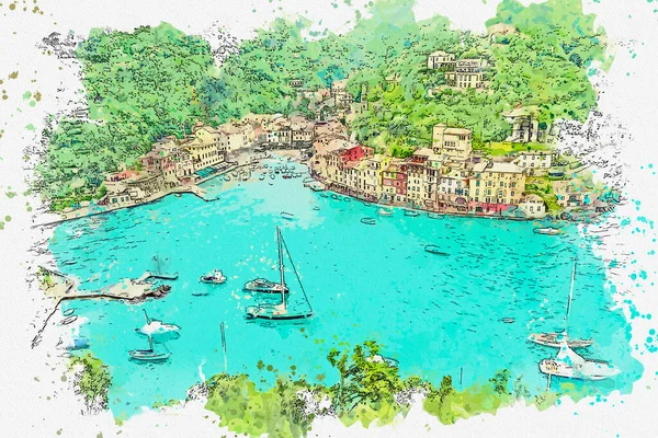 Akwarela Rysunek Wizerunek Portofino Brzeg Piękne Miasto Włoszech — Zdjęcie stockowe