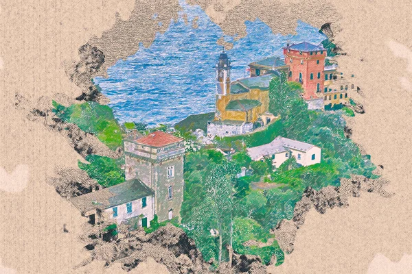Χρώμα Μολύβι Σχέδιο Τοπίο Θέα Της Ακτής Portofino Διάσημο Ορόσημο — Φωτογραφία Αρχείου