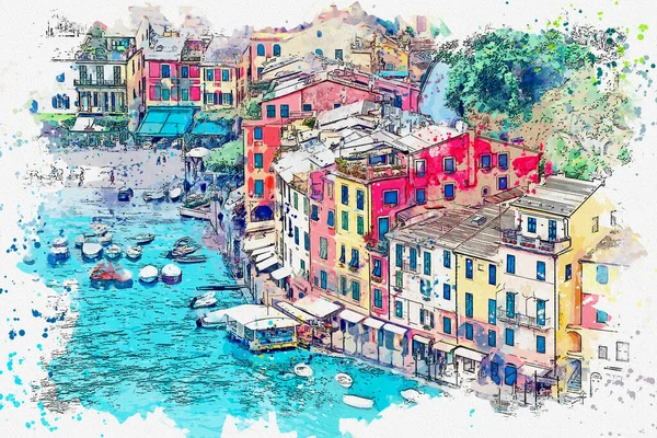 Aquarelle Dessin Image Côte Portofino Belle Ville Italie — Photo