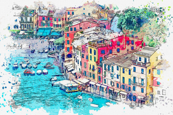 Watercolor drawing picture of portofino coast beautiful town at Italy.