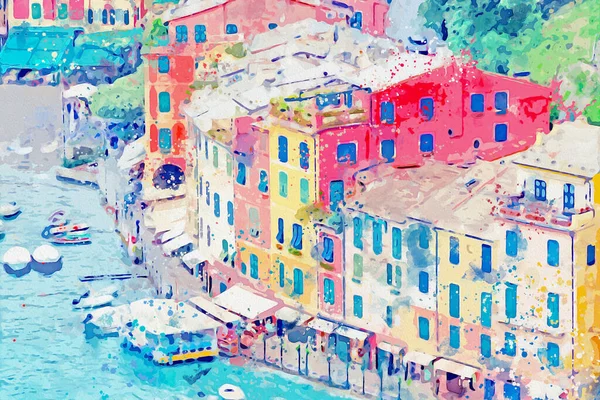 이탈리아의 아름다운 도시인 포르토 해안의 수채화 — 스톡 사진
