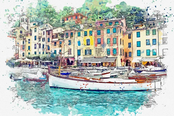 이탈리아의 아름다운 도시인 포르토 해안의 수채화 — 스톡 사진