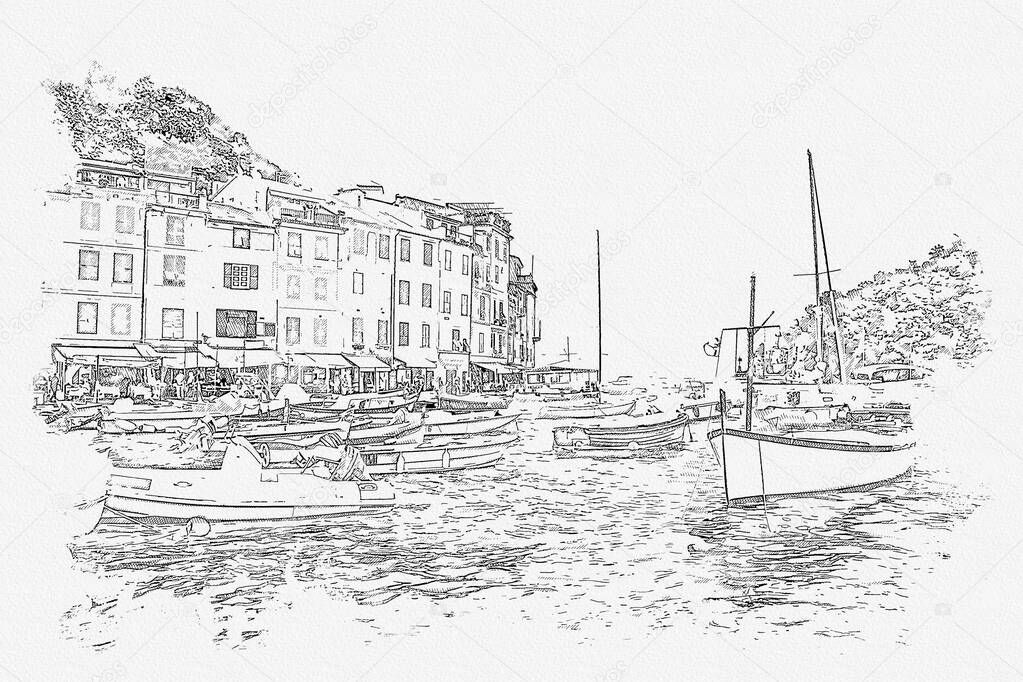 Sketches picture of portofino coast beautiful town of this world at Italy.