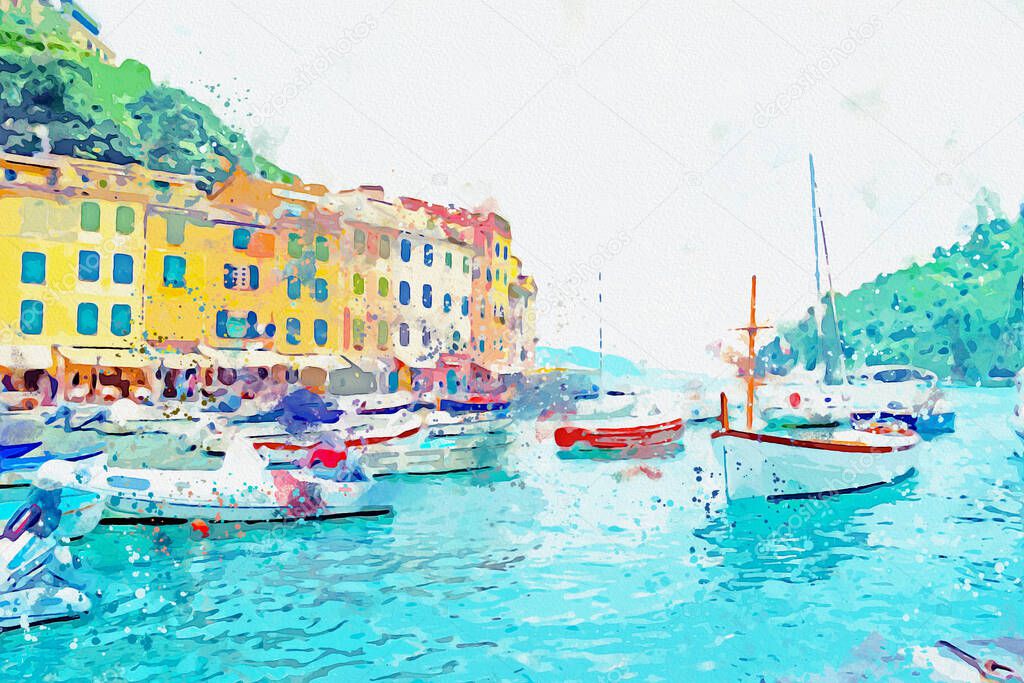 Watercolor drawing picture of portofino coast beautiful town at Italy.