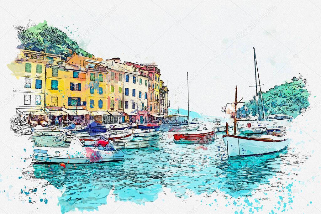 Watercolor drawing picture of portofino coast beautiful town at Italy.