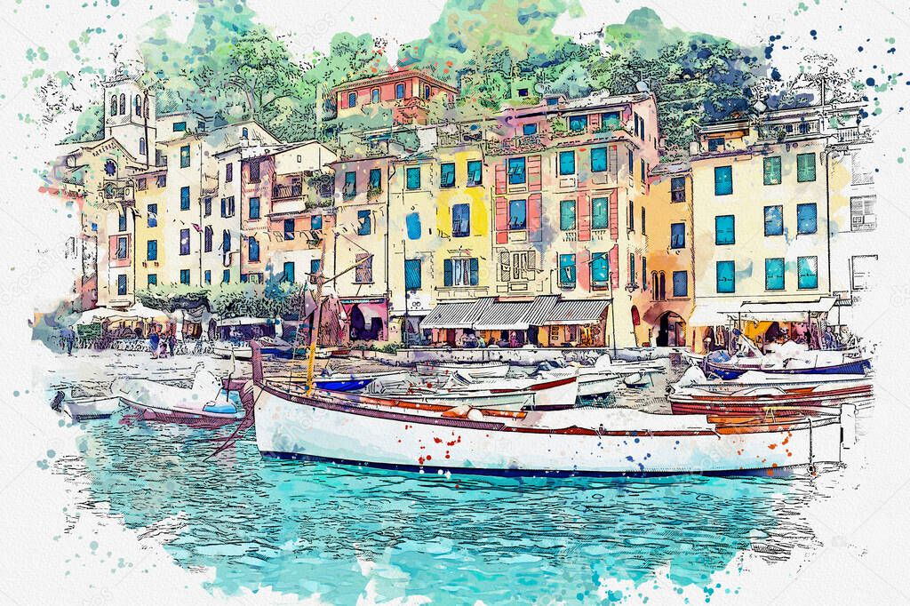 Watercolor drawing picture of portofino coast beautiful town at Italy.