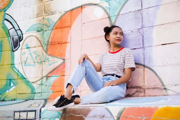 Asian Young Girl Colorful Wall Happy Girl — Stock Photo, Image