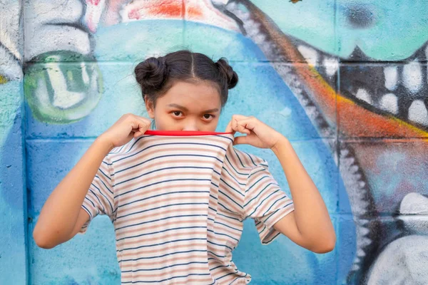 Happy Young Girl Wear Jean Colorful Background Asian Girl Fashion — Stock Photo, Image