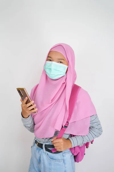 Student Young Girl Uses Mobile Phone Wear Mask White Background — Stock Photo, Image