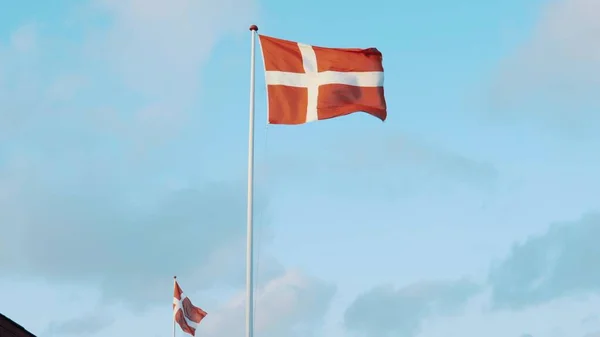 De vlag van Denemarken tegen de blauwe lucht ontwikkelt zich in de wind — Stockfoto