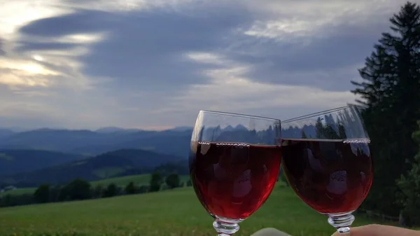 Vista Perto Dois Copos Vinho Com Vinho Tinto Fundo Natureza — Fotografia de Stock