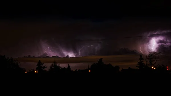 Panorama View Lightning Bolts Night Sky — Stock Photo, Image