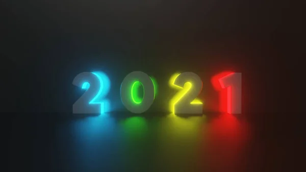 Ευτυχισμένο Νέο Έτος 2021 Αριθμός Κειμένου Νέον Φως Εφέ Πολύχρωμο — Φωτογραφία Αρχείου