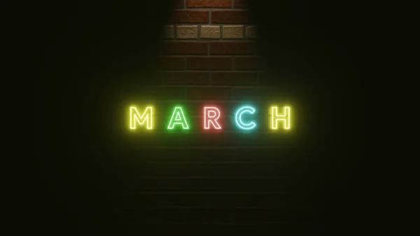 March Text Neon Light Colorful Brick Wall Texture Иллюстрации Рендеринга — стоковое фото